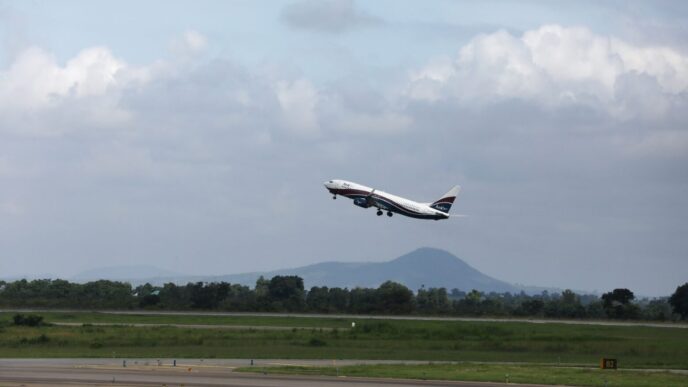 An Arik airline flight takes off from the domestic wing of the Nnamdi Azikiwe International Airport in Abuja, Nigeria July 8, 2020. REUTERS/Afolabi Sotunde/File Photo