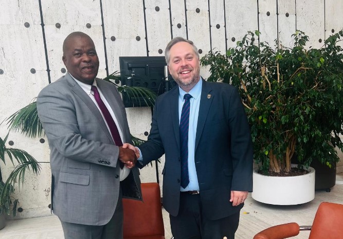 Lesotho's Minister of Local Government, Chieftainship, Home Affairs and Police, Hon. Lephema Lebona (left), and South Africa's Minister of Home Affairs, Dr Leon Schreiber (right), during their bilateral meeting on the sidelines of the 75th Session of the High Commissioner's Programme in Geneva, Switzerland, on 16 October 2024. | Photo: Supplied
