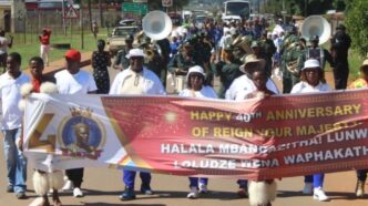 Community members, officials and performers fill the streets of Ezulwini during a roadshow led by the Ministry of Home Affairs and Ezulwini Municipality in honour of His Majesty King Mswati III's 40 years on the Throne and 58th birthday celebrations. | Photo: Supplied