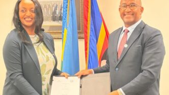 Central Bank of Eswatini Governor Dr Phil Mnisi (right) and National Bank of Rwanda Governor Soraya M. Hakuziyaremye (left) after signing a Memorandum of Understanding on the sidelines of the IMF and World Bank Spring Meetings in Washington D.C. | Photo: Supplied