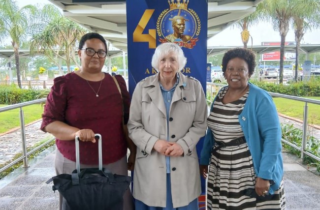 Professor Gosia Brykczynska (centre), President of the Europe Catholic Nurses Guild and Member of the CICIAMS Executive Board, pictured with the International President and President of the local Catholic Nurses Guild upon her arrival in the Kingdom of Eswatini,