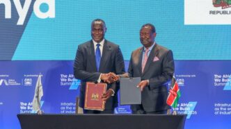 AFC President and CEO Samaila Zubairu and Kenya's Prime Cabinet Secretary Musalia Mudavadi sign the Host Country Agreement establishing AFC's first regional office in Nairobi, as President William Ruto looks on during the AFC Annual General Meeting.