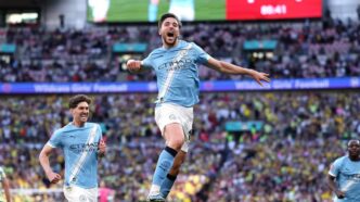 Manchester City players mob Nico González after his stunning long-range strike sealed a 2-1 FA Cup semi-final win over Championship side Southampton at Wembley