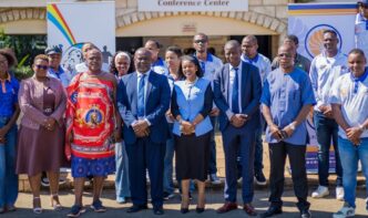 ENPF leadership, the Minister of Sports, Culture and Youth Affairs, the Principal Secretary in the Ministry of Labour and Social Security and key stakeholders pictured at the official launch of the 8th Imbube Marathon at Happy Valley
