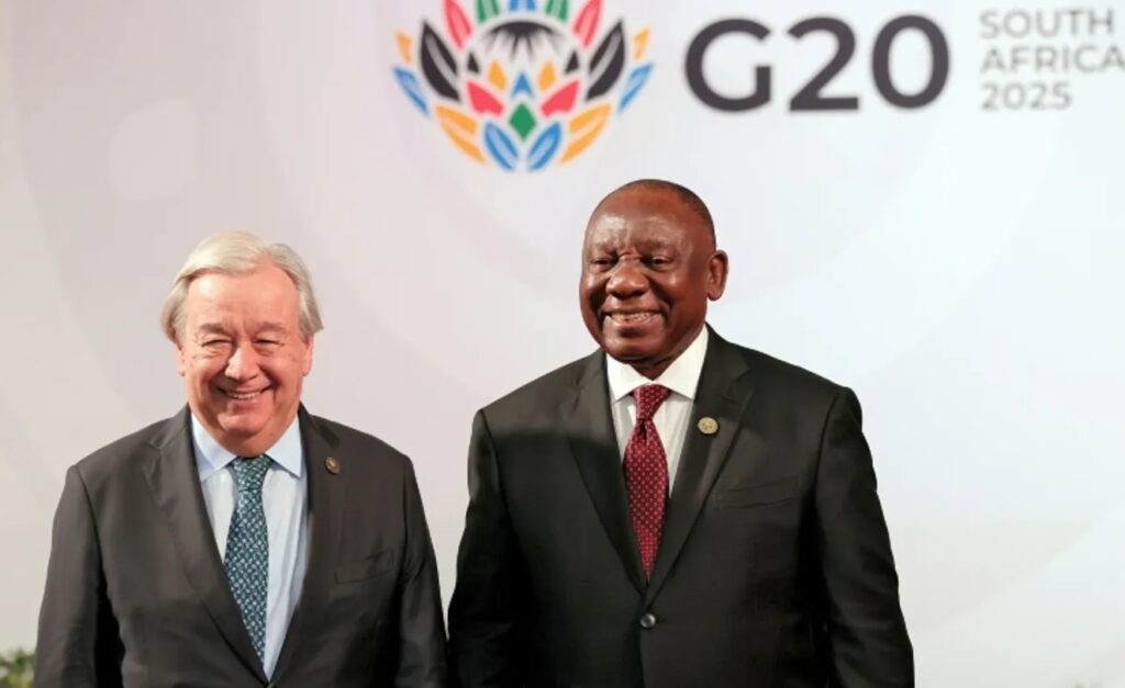United Nations Secretary-General António Guterres and South African President Cyril Ramaphosa pictured during the G20 Summit in Johannesburg