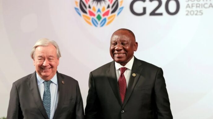 United Nations Secretary-General António Guterres and South African President Cyril Ramaphosa pictured during the G20 Summit in Johannesburg
