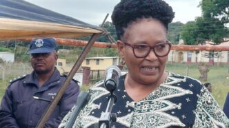 Deputy Prime Minister Thulisile Dladla addresses the Kuyenteka Shiselo Teenage Pregnancy Campaign at Ngudzeni FEA Sports Ground in the Shiselweni Region,