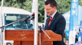 US Ambassador to Zambia Michael C. Gonzales delivers remarks at the KoBold Metals shaft construction groundbreaking ceremony at Mingomba Mine in the Copperbelt on April 29, 2026. Photo: US Embassy Zambia