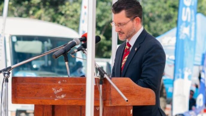 US Ambassador to Zambia Michael C. Gonzales delivers remarks at the KoBold Metals shaft construction groundbreaking ceremony at Mingomba Mine in the Copperbelt on April 29, 2026. Photo: US Embassy Zambia