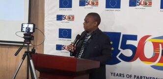 Press Club of Eswatini President Timothy Simelane addresses Minister of Information, Communication and Technology Savannah Maziya during World Press Freedom Day celebrations at Happy Valley Hotel in Ezulwini on April 30, 2026