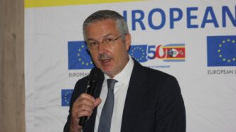 EU Ambassador to Eswatini Karsten Mecklenburg addresses journalists during the commemoration of World Press Freedom Day at Happy Valley Hotel in Ezulwini on April 30, 2026. Photo by Nkosingiphile Myeni