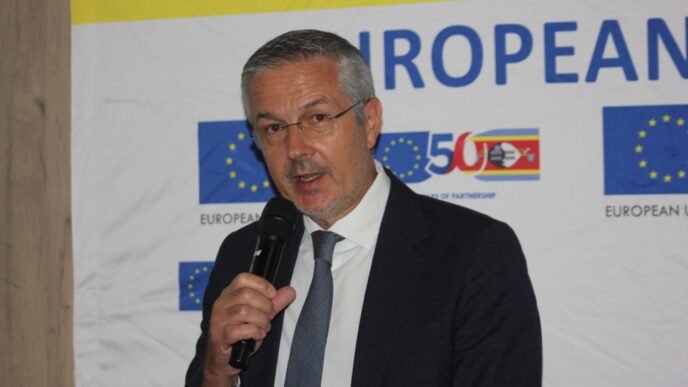 EU Ambassador to Eswatini Karsten Mecklenburg addresses journalists during the commemoration of World Press Freedom Day at Happy Valley Hotel in Ezulwini on April 30, 2026. Photo by Nkosingiphile Myeni