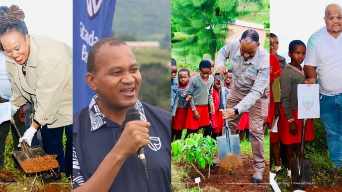 Representatives from the Eswatini Environment Authority, Standard Bank Eswatini, the Ministry of Tourism and Environmental Affairs, the Ministry of Education and UNESCO Eswatini gather at Nhlanhleni Primary School in Ntfonjeni during the Earth Day celebrations and launch of the Blue Roots Eswatini initiative on April 22, 2026