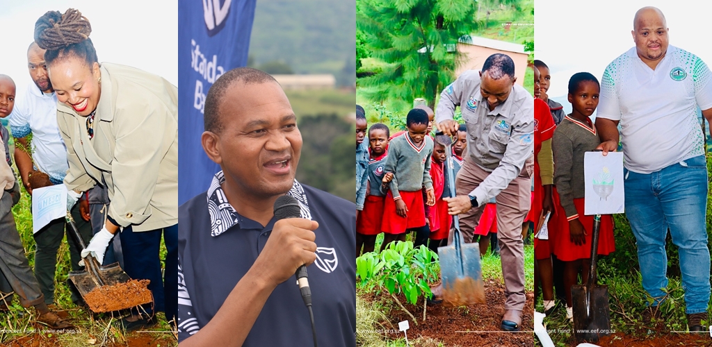 Representatives from the Eswatini Environment Authority, Standard Bank Eswatini, the Ministry of Tourism and Environmental Affairs, the Ministry of Education and UNESCO Eswatini gather at Nhlanhleni Primary School in Ntfonjeni during the Earth Day celebrations and launch of the Blue Roots Eswatini initiative on April 22, 2026