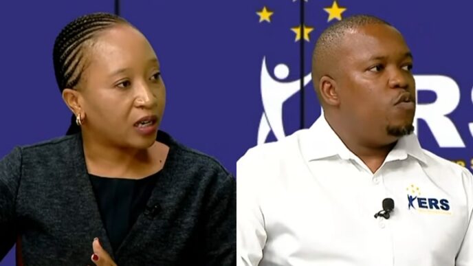 ERS Communications and Marketing Manager Nduduzo Dlamini (right) and Senior Taxpayer Education and Information Officer Thulile Simelane during the Tax Talk segment on Eswatini Television