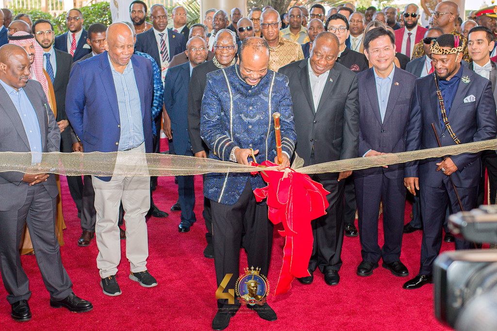 His Majesty King Mswati III cuts the ribbon to officially open the International Convention Centre (ICC) in Ezulwini on Saturday, April 25, 2026, in the company of South African President Cyril Ramaphosa, His Majesty King Letsie III of Lesotho, His Majesty King Misuzulu kaZwelithini of the Zulu Nation, and other distinguished dignitaries.
