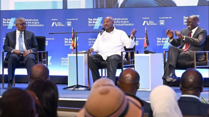 From left, Dangote Industries chief Aliko Dangote, Ugandan President Yoweri Museveni and Kenyan President William Ruto at the Africa We Build Summit 2026 held at the JW Marriott Hotel in Nairobi, Kenya, on Thursday, April 23, 2026