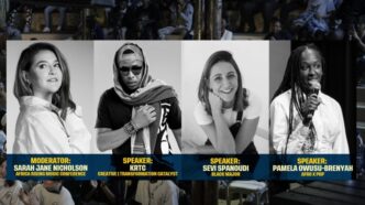 Flyer for the MTN Bushfire Arts Round Table x Africa Rising Music Conference online workshop on 16 April 2026, featuring panelists Pamela Owusu-Brenyah, Sevi Spanoudi, Thamsanqa ‘KrTC’ Sibandze, and moderator Sarah Jane Nicholson.