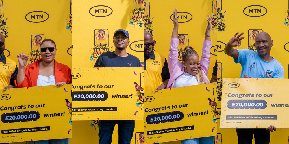 Lucky Fak’ivibe participants smile with their E20,000 prizes, sharing in the excitement of MTN Eswatini’s summer promotion. Photo by MTN Eswatini