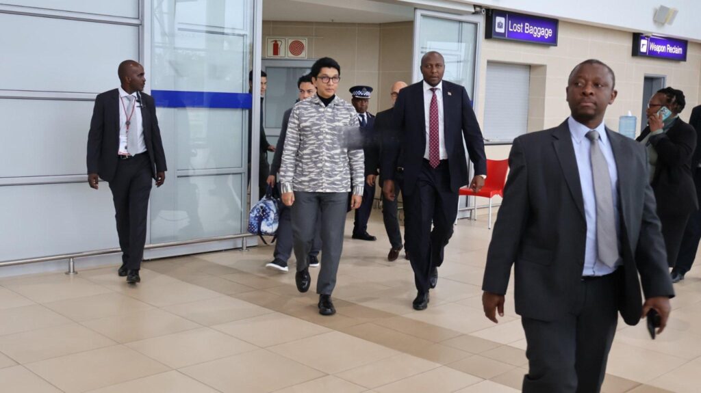 Former Madagascar President Andry Rajoelina is received by Prime Minister Russell Mmiso Dlamini and Minister of Foreign Affairs and International Cooperation Senator Pholile Shakantu upon arrival at King Mswati III International Airport on April 23, 2026, ahead of the historic 40/58 celebrations.