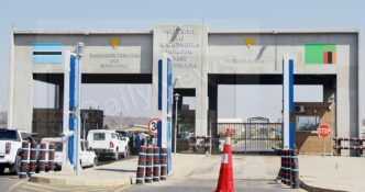 Trucks queue at the Kazungula border post on the Botswana side