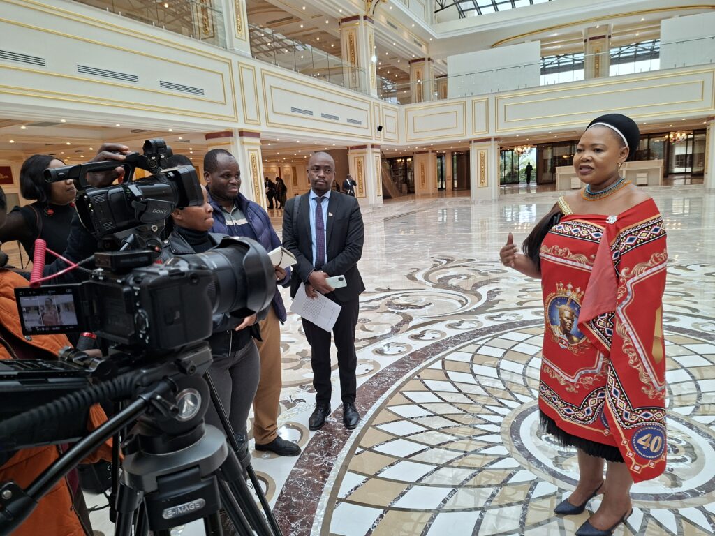 Minister of Foreign Affairs and International Cooperation Senator Pholile Shakantu addresses journalists at the ICC Ezulwini Palazzo on Wednesday. Photo: Adekunle Owolabi/Swazi24