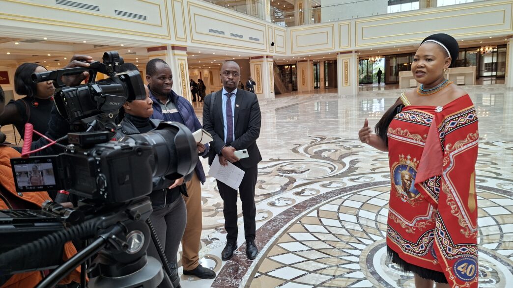Minister of Foreign Affairs and International Cooperation Senator Pholile Shakantu addresses journalists at the ICC Ezulwini Palazzo on Wednesday. Photo: Adekunle Owolabi/Swazi24
