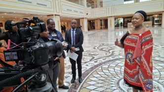 Minister of Foreign Affairs and International Cooperation Senator Pholile Shakantu addresses journalists at the ICC Ezulwini Palazzo on Wednesday. Photo: Adekunle Owolabi/Swazi24