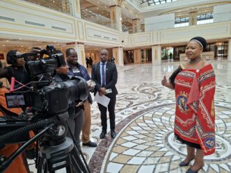 Minister of Foreign Affairs and International Cooperation Senator Pholile Shakantu addresses journalists at the ICC Ezulwini Palazzo on Wednesday. Photo: Adekunle Owolabi/Swazi24