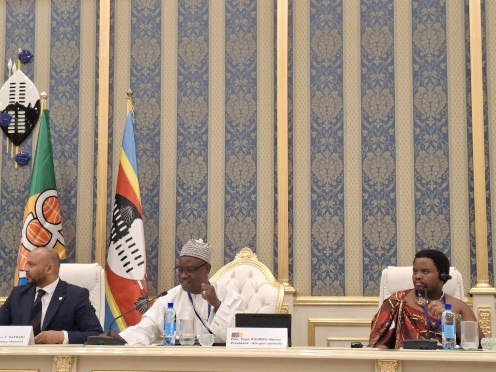 Hon. Yaya Doumba Marius of the Republic of Cameroon, Chair of the OACPS Central Africa Region Parliamentary Group, addresses delegates at the opening of the meeting at the ICC Ezulwini Palazzo, Thursday, 7 May 2026.