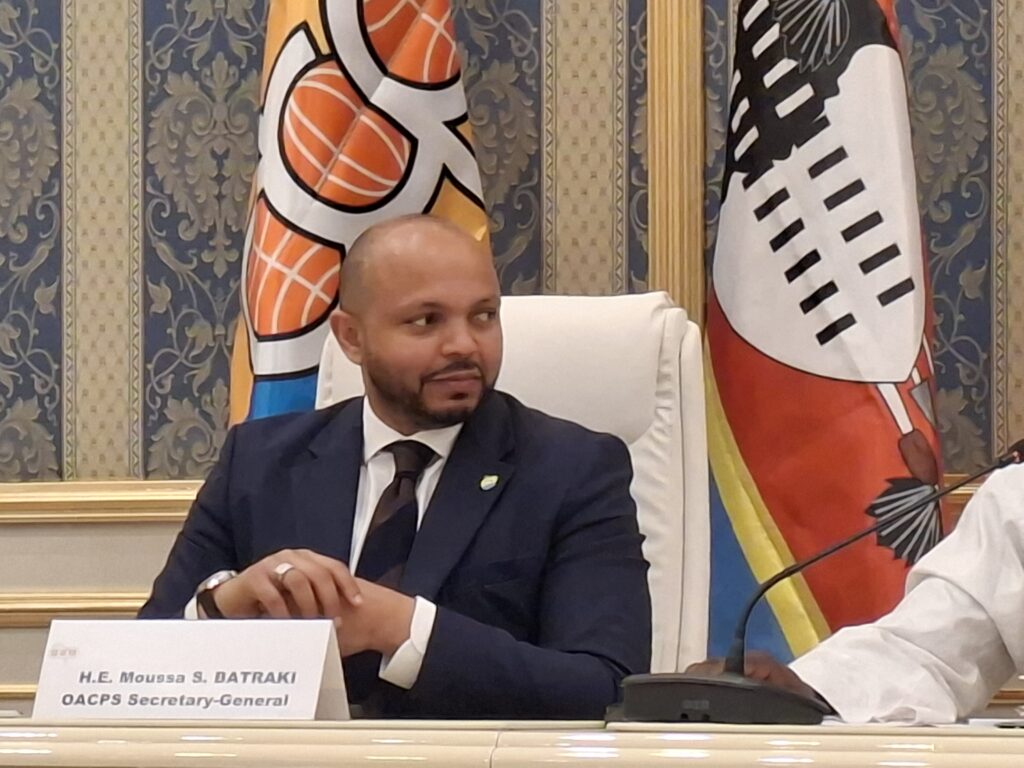 H.E. Moussa Saleh Batraki, Secretary-General of the Organisation of African, Caribbean and Pacific States (OACPS), addresses delegates at the opening of the OACPS Central Africa Region Parliamentary Group Meeting at the ICC Ezulwini Palazzo, Thursday, 7 May 2026.