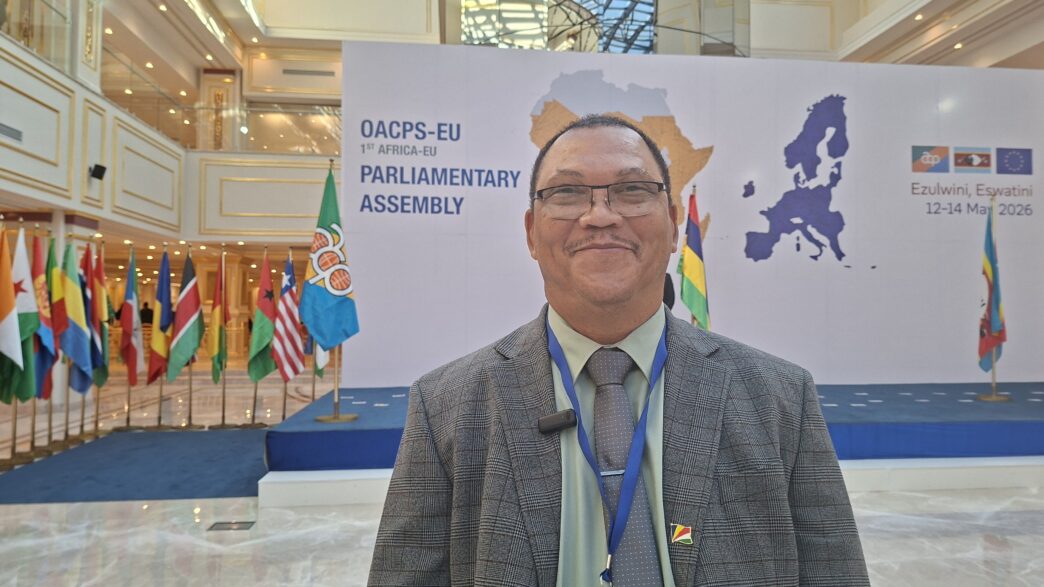 Hon. John Hoareau of Seychelles speaks with Swazi24 editor Adekunle Owolabi at the OACPS-EU Parliamentary Meetings in Eswatini.