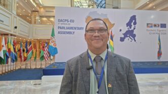 Hon. John Hoareau of Seychelles speaks with Swazi24 editor Adekunle Owolabi at the OACPS-EU Parliamentary Meetings in Eswatini.