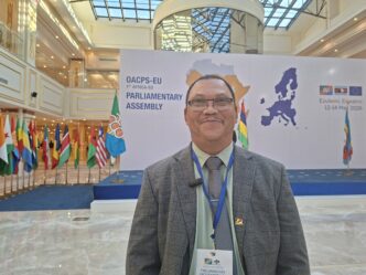 Hon. John Hoareau of Seychelles speaks with Swazi24 editor Adekunle Owolabi at the OACPS-EU Parliamentary Meetings in Eswatini.