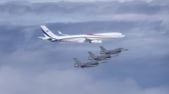 Taiwan F-16 fighter jets escort Eswatini King's aircraft with President Lai Ching-te onboard on Monday. (Military News Agency photo)