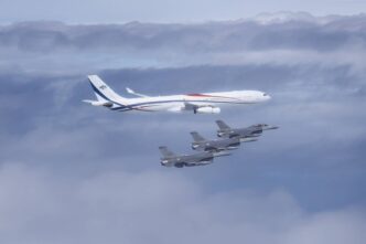 Taiwan F-16 fighter jets escort Eswatini King's aircraft with President Lai Ching-te onboard on Monday. (Military News Agency photo)