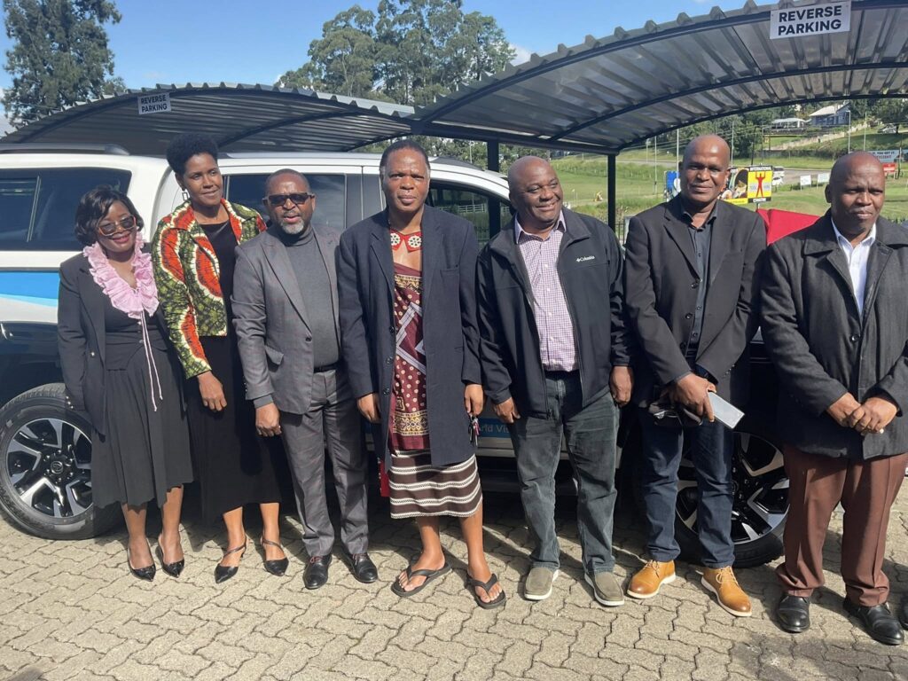 Minister of Natural Resources and Energy HRH Prince Lonkhokhela and World Vision Eswatini Director Amos Zaindi at the handover ceremony of a brand new vehicle to support rural water projects across Eswatini. Photo: Ministry of Natural Resources and Energy