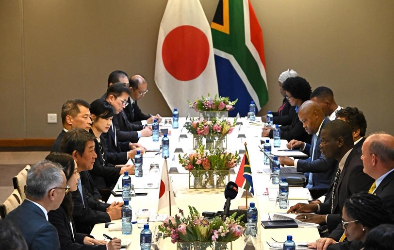 Japanese Foreign Minister Toshimitsu Motegi and South African Minister of International Relations and Cooperation Ronald Lamola during their bilateral meeting in Pretoria on Tuesday, May 5, 2026.