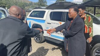 Minister of Natural Resources and Energy HRH Prince Lonkhokhela officially receives a brand new vehicle from World Vision Eswatini Director Amos Zaindi to bolster the Department of Water Affairs' capacity to deliver clean water to rural communities across Eswatini. Photo: Ministry of Natural Resources and Energy
