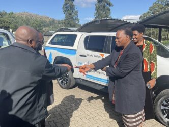 Minister of Natural Resources and Energy HRH Prince Lonkhokhela officially receives a brand new vehicle from World Vision Eswatini Director Amos Zaindi to bolster the Department of Water Affairs' capacity to deliver clean water to rural communities across Eswatini. Photo: Ministry of Natural Resources and Energy