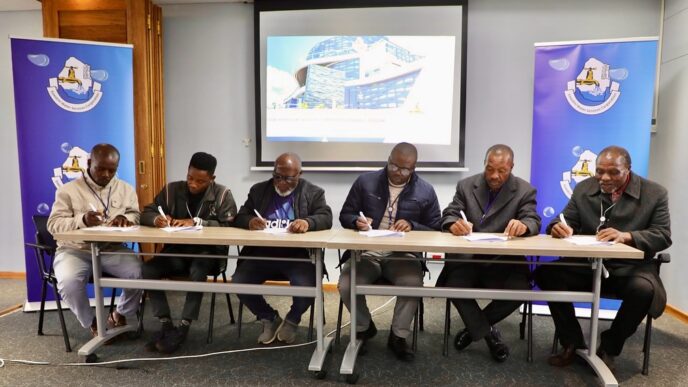 Officials from the Eswatini Water Services Corporation, kiosk operators, and Community Water Committee chairpersons of Zombodze Emuva pictured following the signing of a tripartite Memorandum of Understanding in the Shiselweni Region.