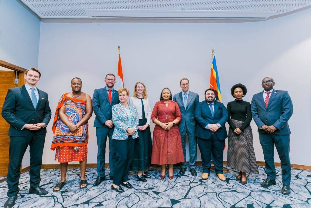 Minister of Foreign Affairs and International Cooperation Senator Pholile Shakantu and Austria's Deputy Minister of Foreign Affairs Ambassador Nikolaus Marscik, flanked by their respective delegates, during bilateral talks held in Mbabane.