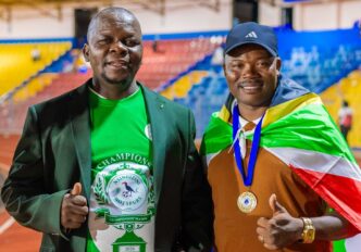 Nsingizini Hotspurs FC President Derrick Shiba with head coach Mandla Qhogi after winning the Ingwenyama Cup final on Sunday. Photo by Nsingizini Hotspurs FC