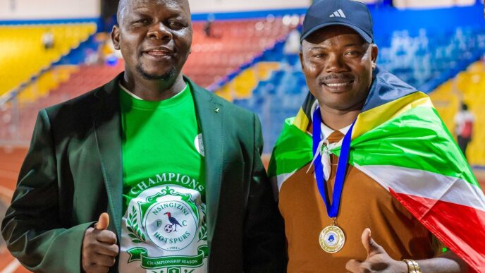 Nsingizini Hotspurs FC President Derrick Shiba with head coach Mandla Qhogi after winning the Ingwenyama Cup final on Sunday. Photo by Nsingizini Hotspurs FC