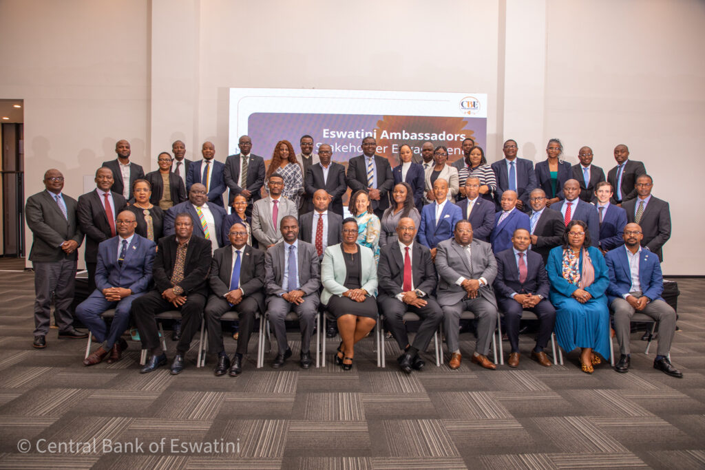 CBE Governor Dr. Phil Mnisi (centre) pictured with ambassadors representing Eswatini abroad and CBE management following a stakeholder engagement session held in Mbabane on Wednesday, 6 May 2026.