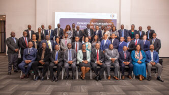 CBE Governor Dr. Phil Mnisi (centre) pictured with ambassadors representing Eswatini abroad and CBE management following a stakeholder engagement session held in Mbabane on Wednesday, 6 May 2026.
