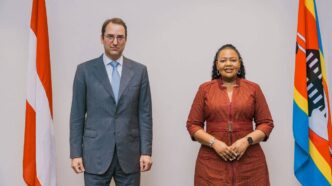 Minister of Foreign Affairs and International Cooperation Senator Pholile Shakantu and Austria's Deputy Minister of Foreign Affairs Ambassador Nikolaus Marscik during their bilateral meeting in Mbabane. Photo by Minister of Foreign Affairs and International Cooperation