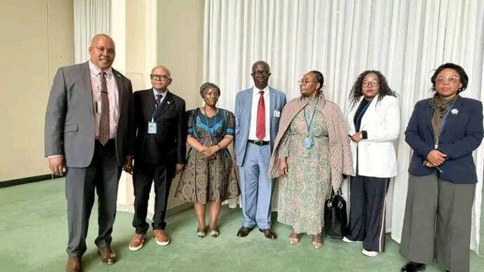 Lesotho's Minister of Labour and Employment Ts'eliso Mokhosi poses with delegates at the International Migration Review Forum in New York City. Photo: Lesotho News Agency