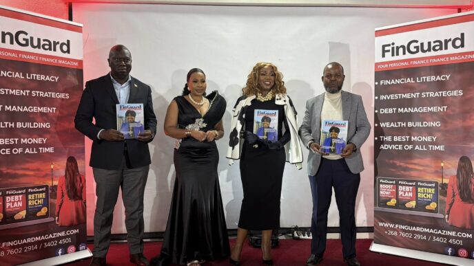 FinGuard Magazine founder Lungile Tsabedze pictured with ICT Minister Savannah Maziya and the Principal Secretary from the Ministry of Commerce, Industry and Trade during the launch of the financial publication on Friday evening. Photo: Ministry of Information, Communications and Technology