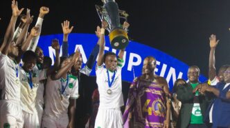 His Majesty King Mswati III handed over the SMVA Ingwenyama Cup trophy to Nsingizini Hotspurs after their 1-0 win against Green Mamba on Sunday. Photo by Eswatini Soccer Mag